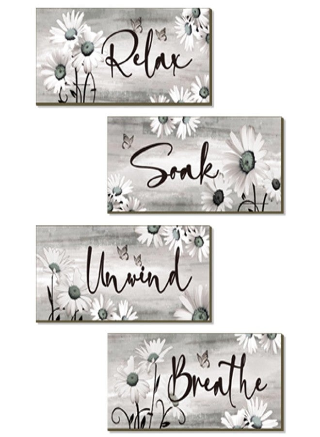 ZINYAZHE 4 Pieces Black Bathroom Decor Set Farmhouse Daisy Floral Abstract Black White Bathroom Accessories Flowers Art Rustic Wood Sign for Home Bedroom Living Room Kitchen Decoration, 10 x 4 Inch - Image 1